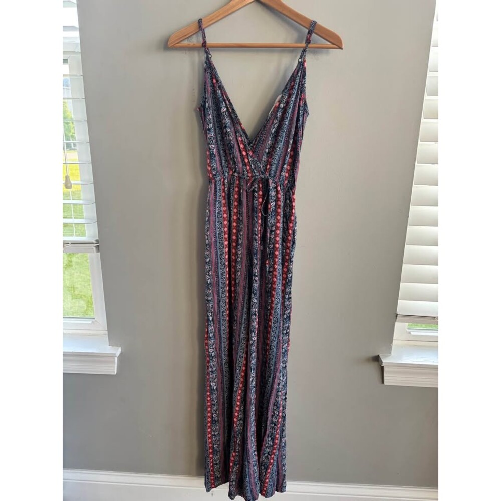 Band of Gypsies XS Blue Floral Stripe Wrap Jumpsuit